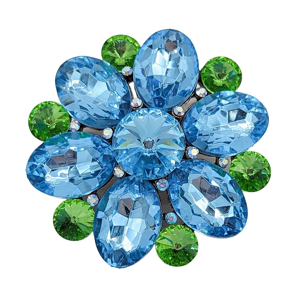 Vintage Statement Brooch Aqua Blue Lime Green Pot Metal Open Back Crystal Flower